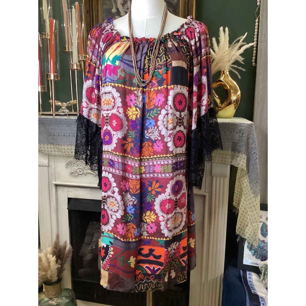Ivy Jane‎ Patchwork Print Lace Trim Bell Sleeve Boho Tunic Dress Small 740306